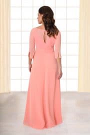 Abendkleid lang Beth rosa mit Schleifengürtel und Brosche von hinten
