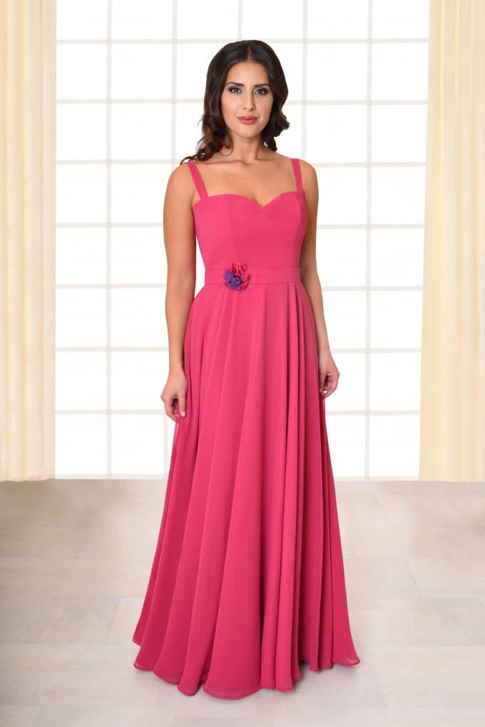 Abendkleid lang Carina pink Gürtel mit Blütenapplikation und schmalen Trägern von vorne