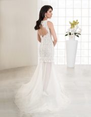 Kurzes Brautkleid aus Spitze mit schmalen Trägern und Rückenausschnitt Rückenansicht