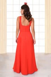 Abenkleid lang Alma rot mit Gürtel und überkreuzten Trägern hinten