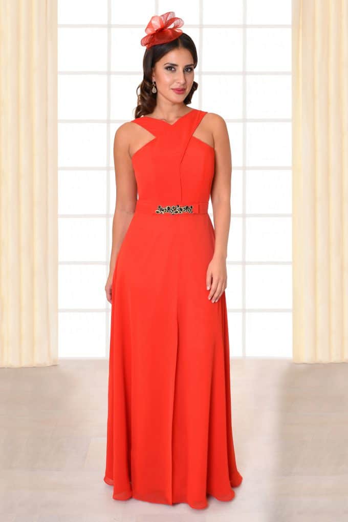 Abenkleid lang Alma rot mit Gürtel und überkreuzten Trägern von vorne