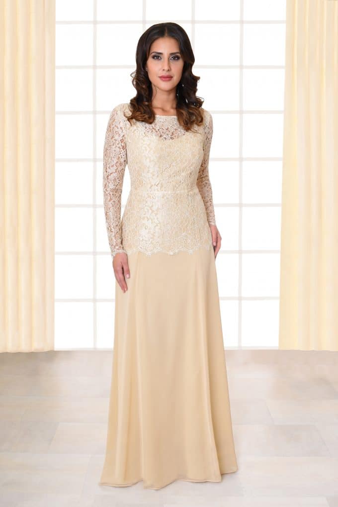 Abendkleid lang Cecilia Spitzenoberteil creme vorne