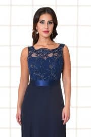 Abendkleid lang Flores Spitzenoberteil mit Trägern dunkelblau Nahaufnahme