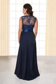 Abendkleid lang Flores Spitzenoberteil mit Trägern dunkelblau von hinten
