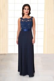 Abendkleid lang Flores Spitzenoberteil mit Trägern dunkelblau von vorne