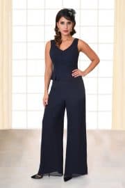 Abendmode Zweiteiler Fiona dunkelblau mit Trägern und V-Ausschnitt von vorne