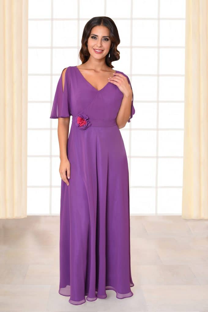 Langes Abendkleid Carola mit Blumengürtel lila