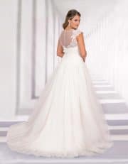 Bodenlanges Brautkleid mit transparentem Spitzenoberteil und Schleife in der Taille von hinten