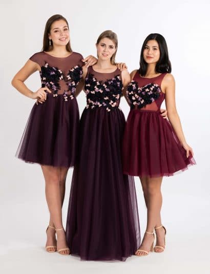 Langes und kurzes Ballkleid in Weinrot mit aufwendiger 3D Stickerei