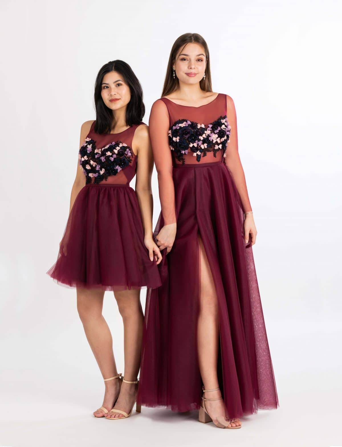 Langes und kurzes Ballkleid in himbeere mit 3D Blumen-Oberteil