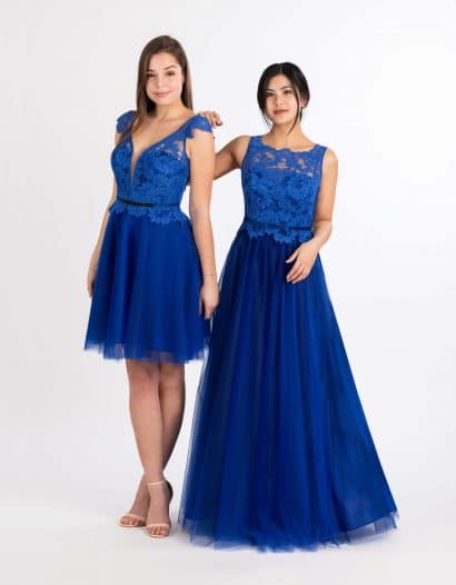 Langes und kurzes Ballkleid in blau mit Top aus Spitze und Tüllrock