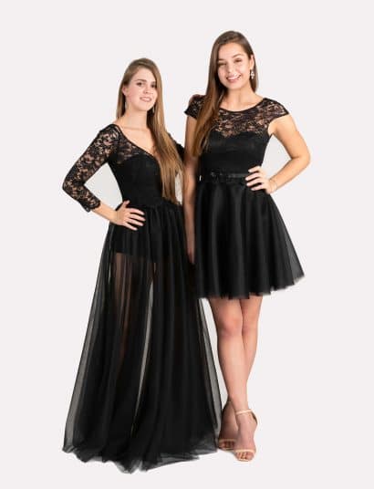 Langes und kurzes Ballkleid in schwarz mit edler Spitze