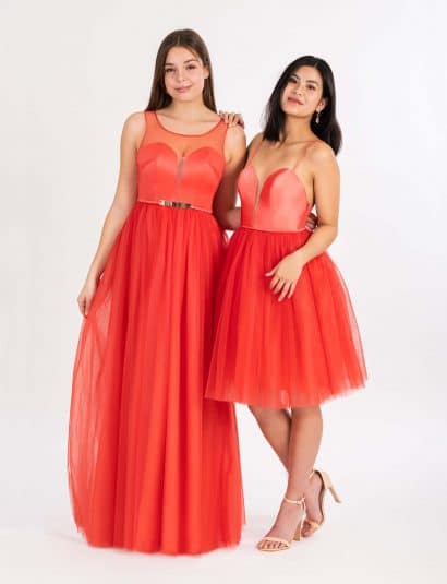 Langes und kurzes Ballkleid in rot-orange mit Herzausschnitt