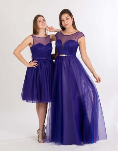 Langes und kurzes Ballkleid in violett mit Tüll-Oberteil